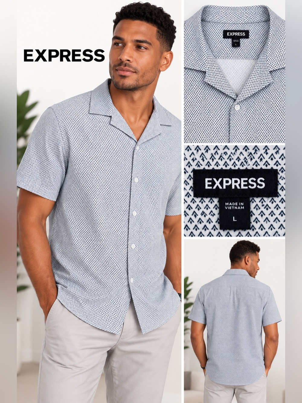 Express Men's Short-Sleeve Camp Collar Shirt in Light Blue Micro Pattern